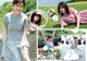 A collage of photos of a woman posing in front of a waterfall.